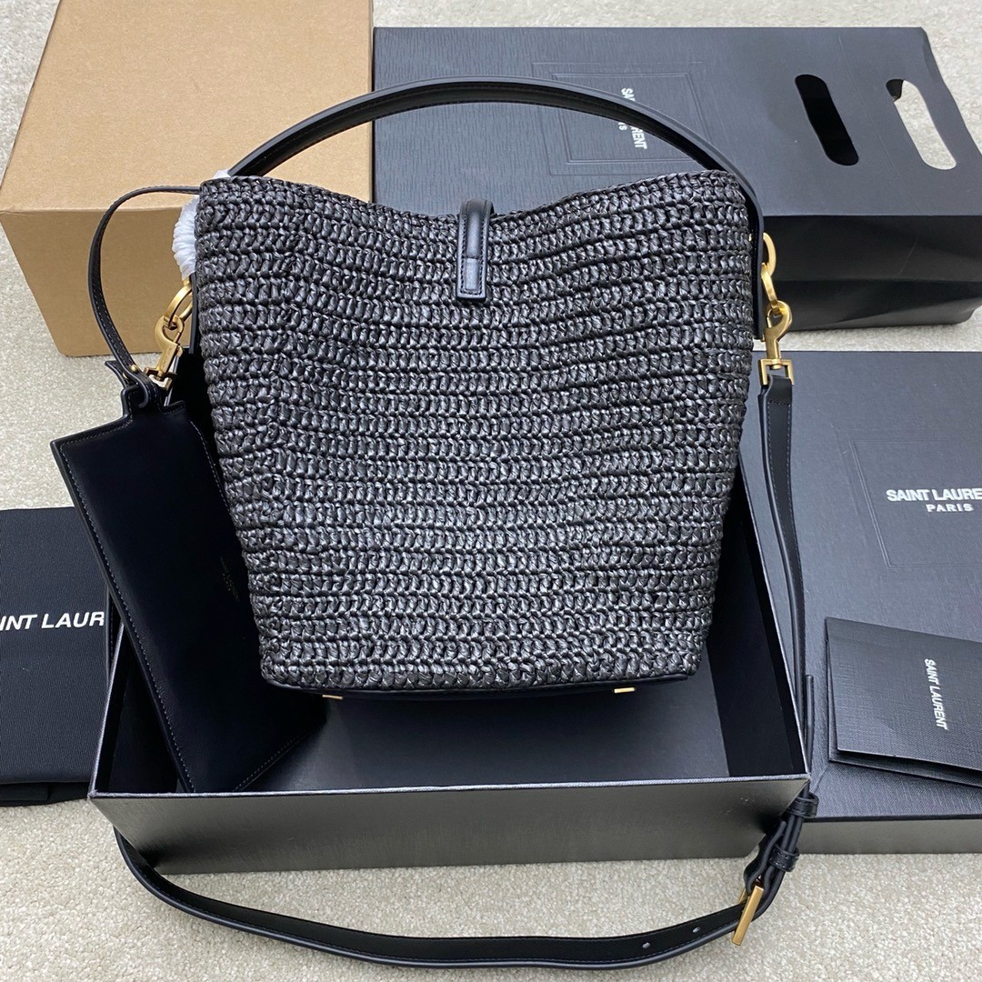 Saint Laurent Le 37 Bucket Bag in Black Woven Raffia