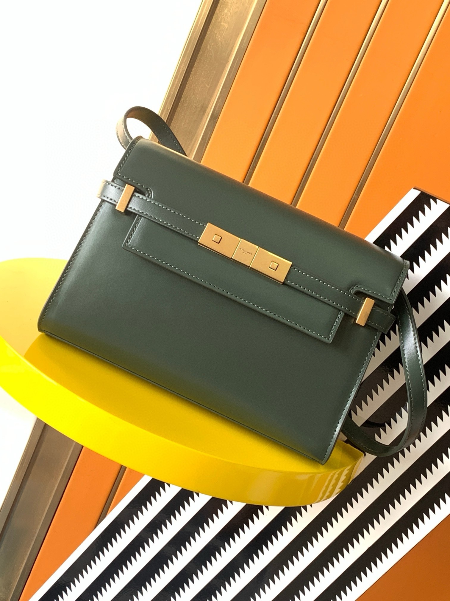 Saint Laurent Manhattan Small Shoulder Bag in Green Calfskin