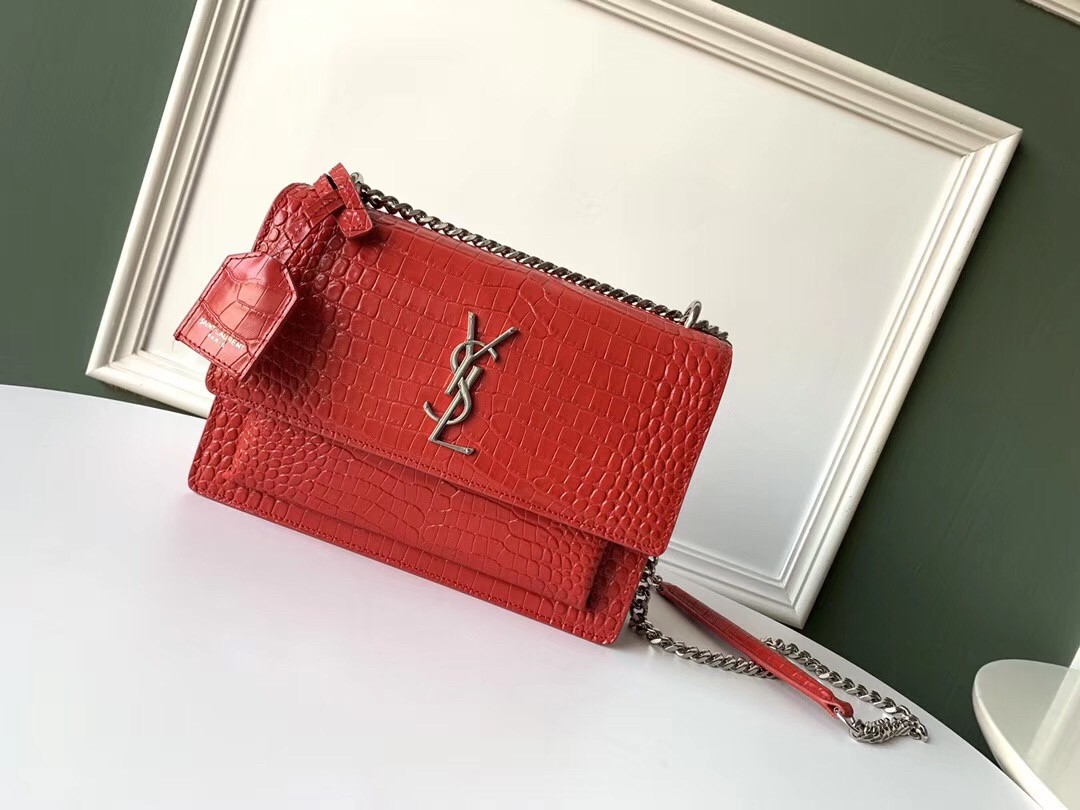 Saint Laurent Sunset Medium Bag In Red Crocodile Embossed Leather