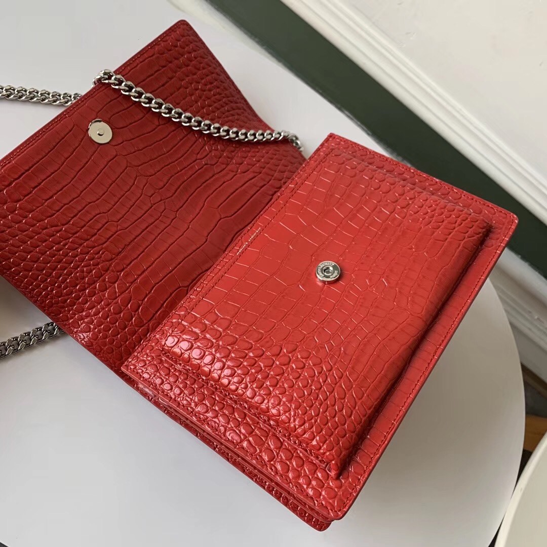 Saint Laurent Sunset Medium Bag In Red Crocodile Embossed Leather