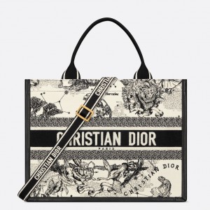 Dior Medium Book Tote Bag with Strap in White Dior Zodiac Embroidery