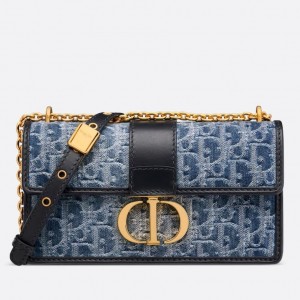 Dior 30 Montaigne East-West Bag with Chain in Blue Denim Oblique Jacquard
