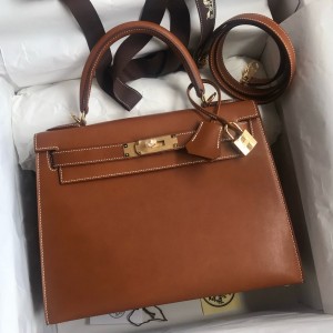 Hermes Kelly Sellier 28 Handmade Bag In Gold Barenia Calfskin 