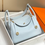 Hermes Lindy 26cm Bag In Blue Brume Clemence Leather GHW