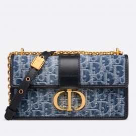 Dior 30 Montaigne East-West Bag with Chain in Blue Denim Oblique Jacquard